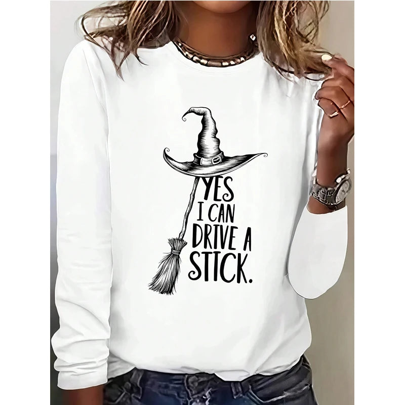 تيشيرت نسائي مطبوع بأكمام طويلة ورقبة دائرية، مناسب للهالوين، مناسب لفصلي الخريف والشتاء، بتصميمات مرحة، مستوحى من الطراز القوطي وأزياء الألفية الجديدة، ملابس الشارع