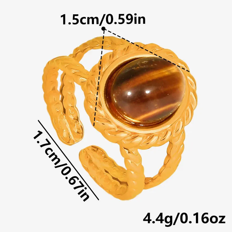 خاتم من حجر عين النمر الحقيقي على شكل قلب الشمس من الفولاذ المقاوم للصدأ، خواتم مفتوحة للنساء والرجال، إكسسوارات مجوهرات عتيقة مطلية بالذهب الحقيقي