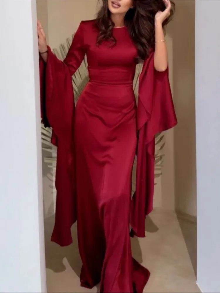 Dress For Women Elegant Solid Color Round Neck Casual Party Long Dresses Simple Sleeve Loose Evening Dresses Vestidos Para Mujer