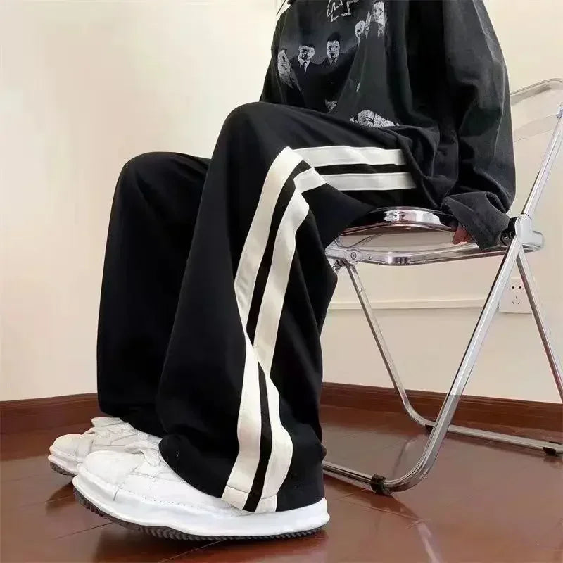 2025 Korean Fashion Wide Leg Pant Women Loose Casual Striped High Waist Woman Hiphop Elastic Waists Pocket Straight Pants
