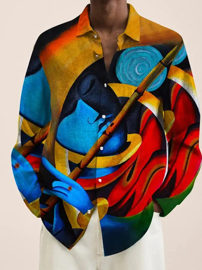 قميص رجالي جديد لعام 2024، مطبوع عليه رسومات فنية ثلاثية الأبعاد، بصف أزرار واحد وأكمام طويلة، قميص كاجوال بياقة فضفاضة وأكمام طويلة