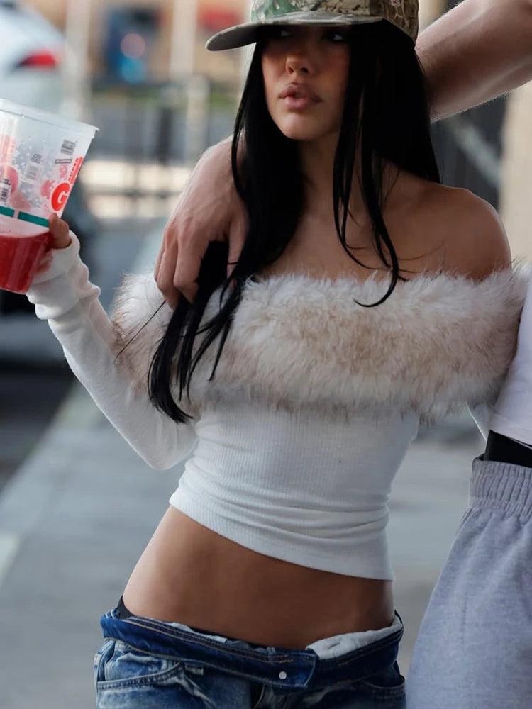 تي شيرتات Nibber النسائية ذات الياقة المصنوعة من الفرو القابلة للإزالة، ذات الرقبة المقطوعة والأكمام الطويلة والحاشية غير المتماثلة، بتصميم بسيط وأنيق، مناسبة لأزياء الخريف