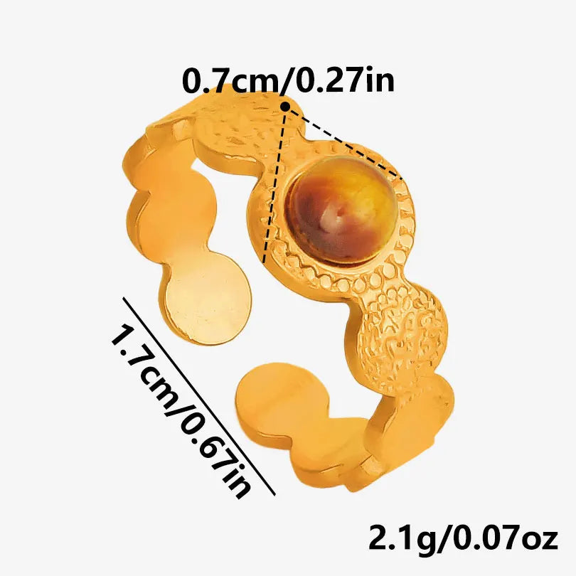 خاتم من حجر عين النمر الحقيقي على شكل قلب الشمس من الفولاذ المقاوم للصدأ، خواتم مفتوحة للنساء والرجال، إكسسوارات مجوهرات عتيقة مطلية بالذهب الحقيقي
