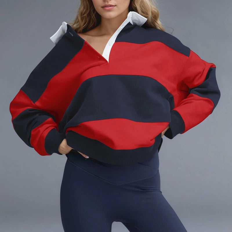 سويت شيرت نسائي واسع بأكمام طويلة وياقة وأزرار وخطوط بألوان متباينة وقمصان فضفاضة بتصميم Y2K وقمصان رغبي أنيقة