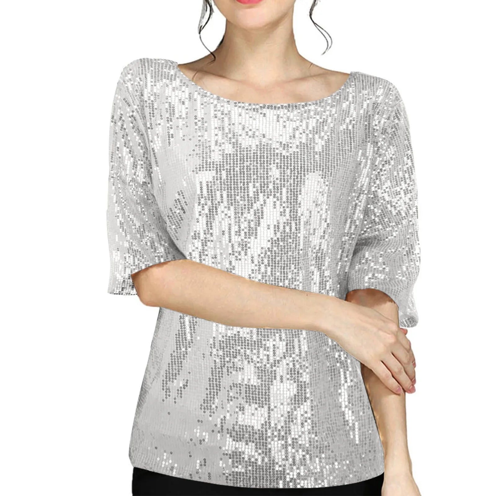 تي شيرتات نسائية مزينة بالترتر، بلون سادة، برقبة دائرية، وأكمام قصيرة، وبلوزة لامعة، أنيقة للسيدات، ومناسبة للحفلات غير الرسمية، والنوادي الليلية