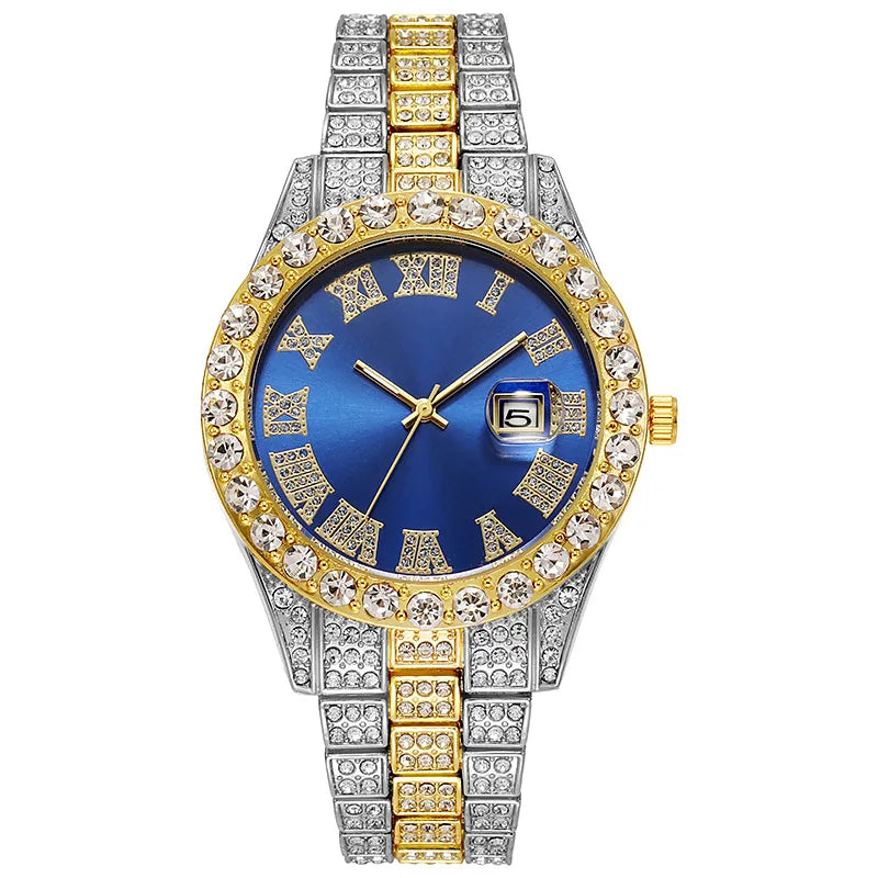 Luxury Hip Hop Stainless Steel Gold Color Calendar Watch For Men Iced Out Paved Rhinestones Men Watch Reloj Hombre