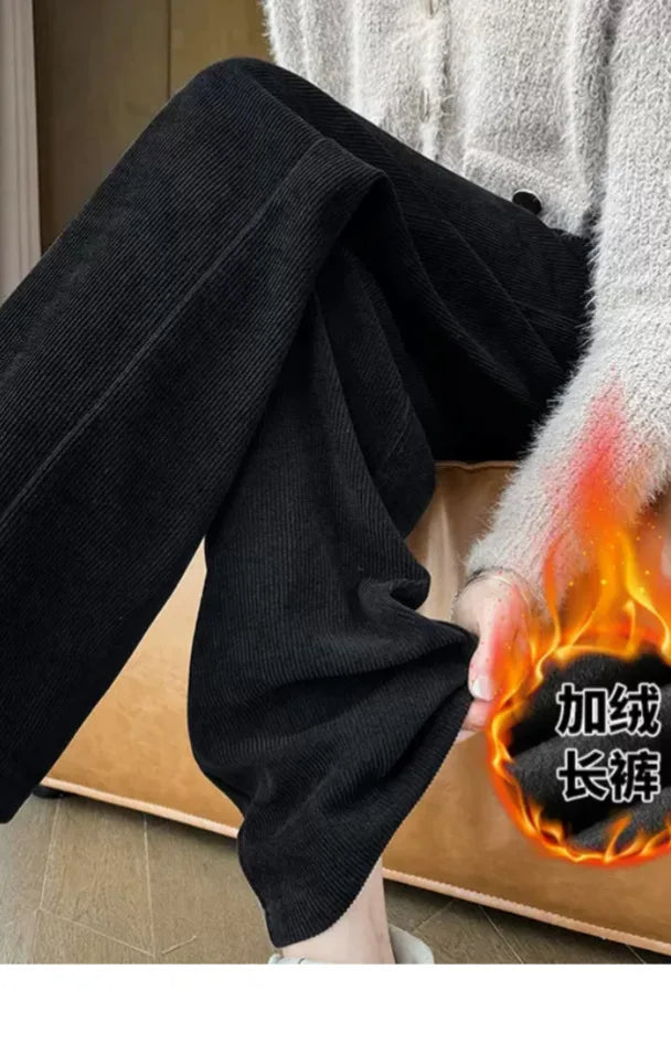 Fleece Lined Wide Leg Pants Women's Slim Straight Thick Corduroy Trousers Spring Autumn Winter New Style High Waist Long Pants