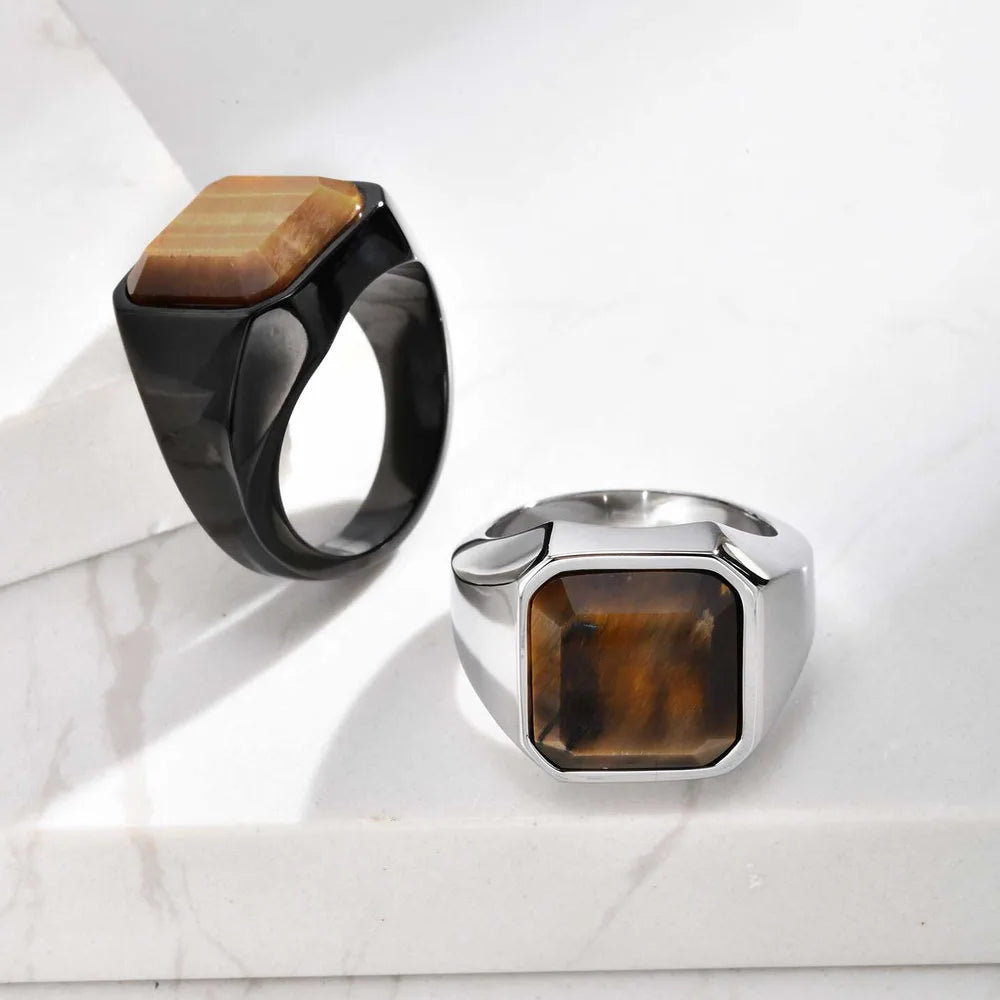 Brown Tiger Eye Stone Ring for Men Boys,Stainless Steel Geometric Square Stone Signet Ring,Causal Jewelry Gift