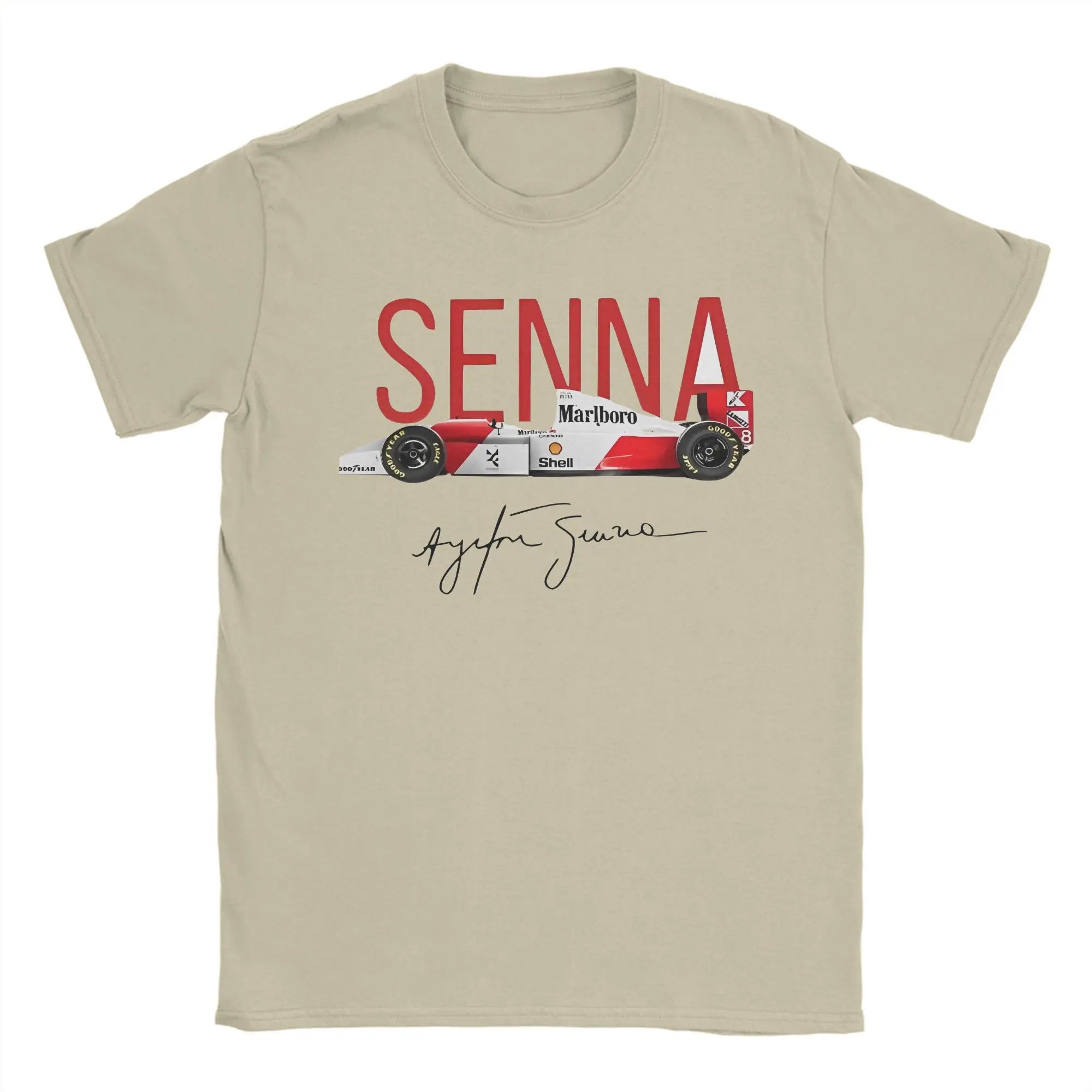 تي شيرت رجالي مطبوع عليه صورة سيارة سباق أيرتون سينا، مصنوع من القطن بنسبة 100%، برقبة دائرية وأكمام قصيرة، وملابس بمقاسات كبيرة