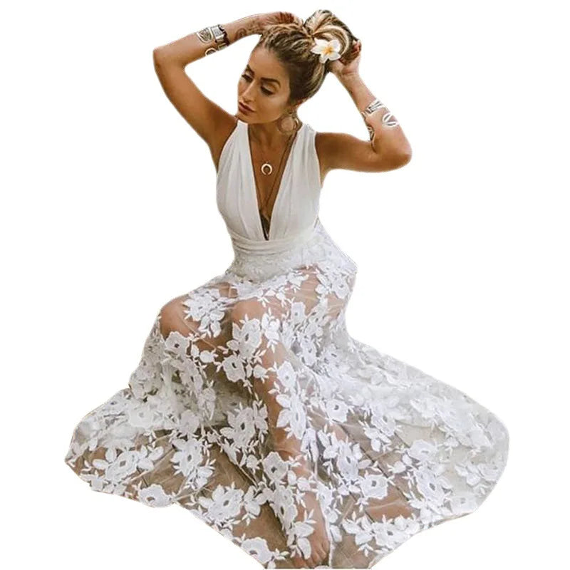 Spring and summer Spice Girl V-neck halter lace floral dress dress seaside vacation beach dress