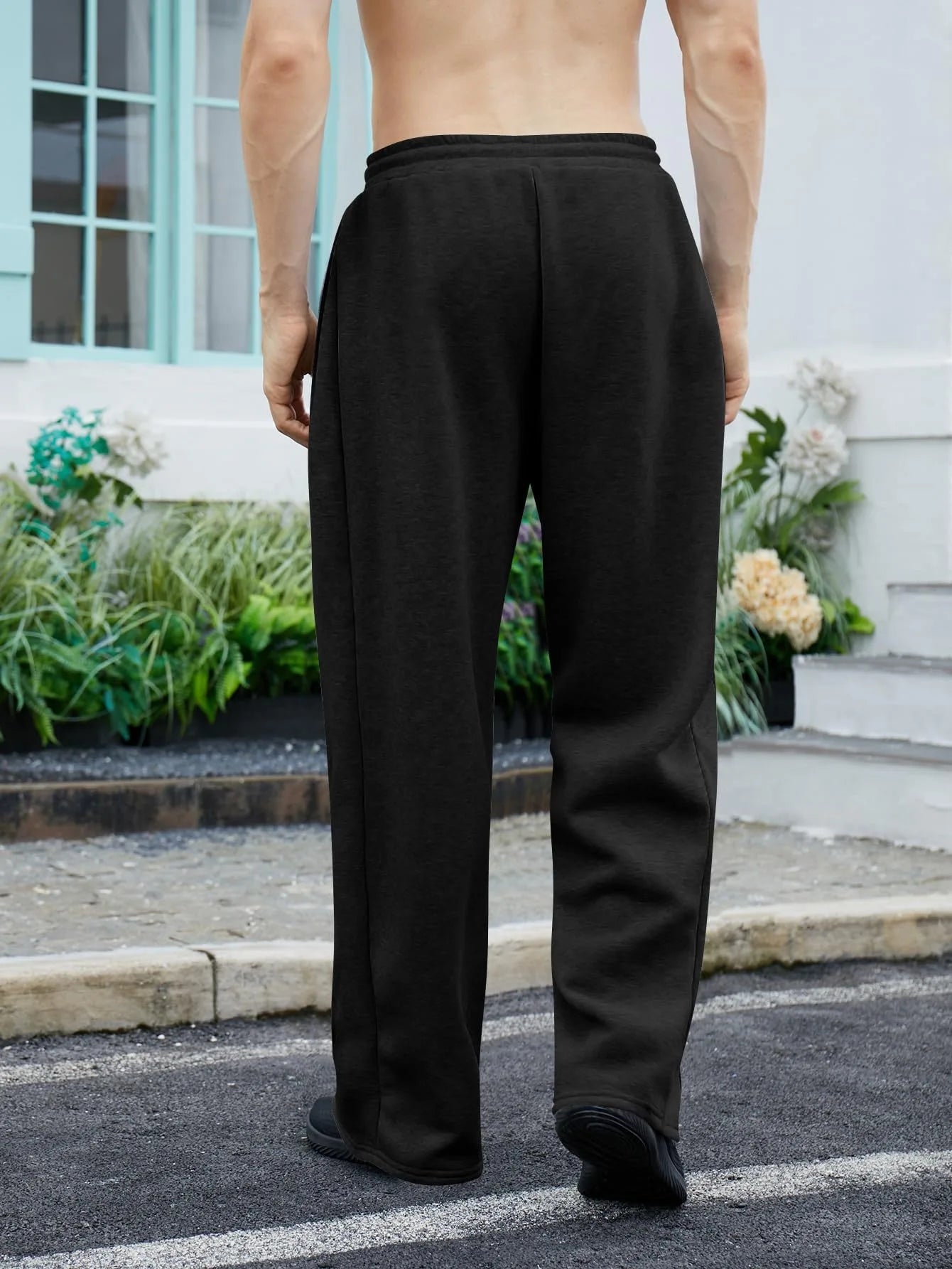 Men's Casual Sports Pants Solid Color Drawstring Waist Wide-Leg Sweatpants Loose Fit with Pockets  Autumn Winter Style