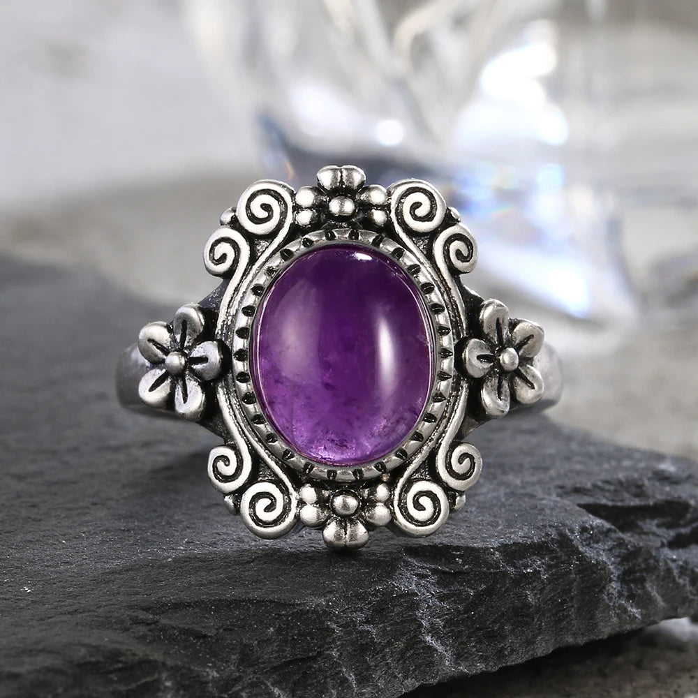 خواتم عتيقة من الفضة الإسترليني عيار 925 مرصعة بحجر الجمشت الطبيعي، بتصميم زهرة، مجوهرات فضية فاخرة بتصميم كلاسيكي، هدايا مثالية للحفلات للنساء والرجال