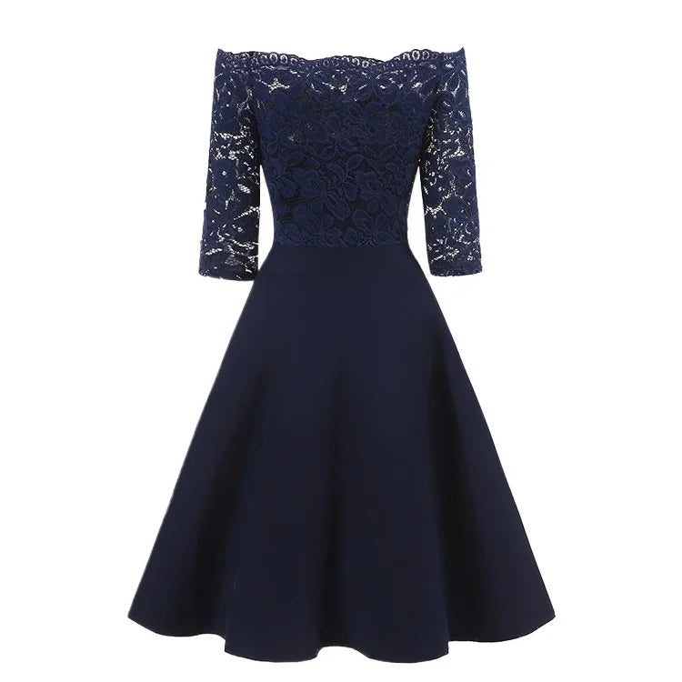 Women Elegant Wedding Bridesmaid Dinner Dress Sexy Lace Off Shoulder Party Dresses Solid Color Half Sleeve Evening Gown Vestido