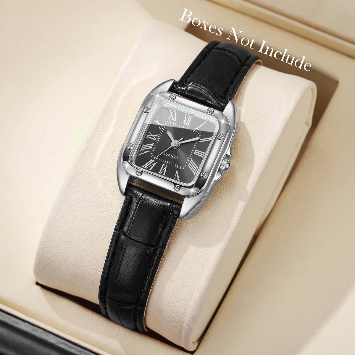 ساعة يد نسائية مربعة الشكل بحزام جلدي، ساعة كوارتز كاجوال بمينا روماني (بدون علبة)