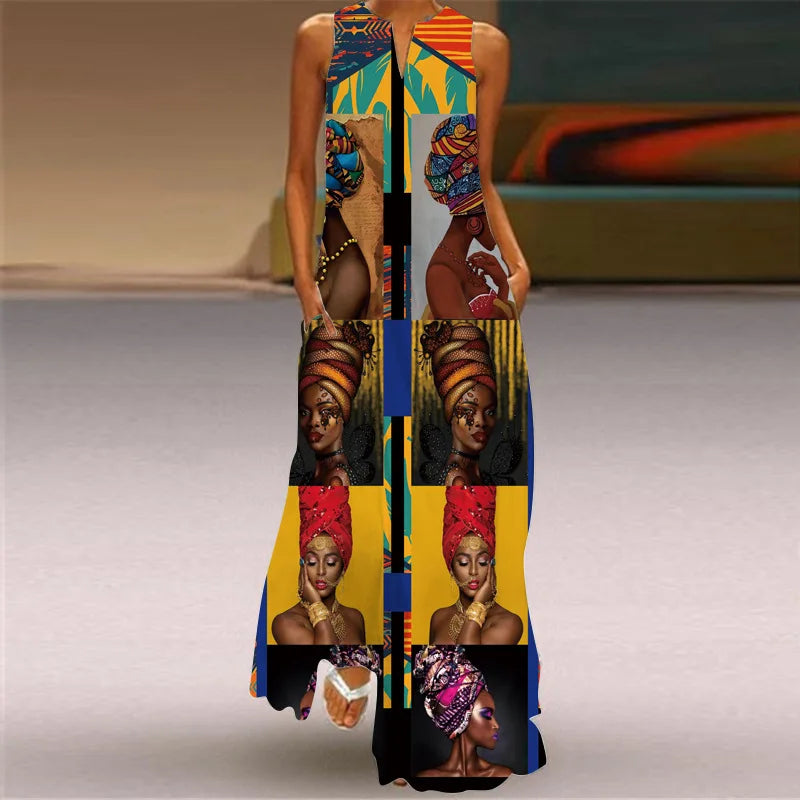 Sexy V-neck Women Maxi Dress Summer Fashion Sleeveless Sundress Retro Print Long Dresses With Pocket Vestidos Robe Maje