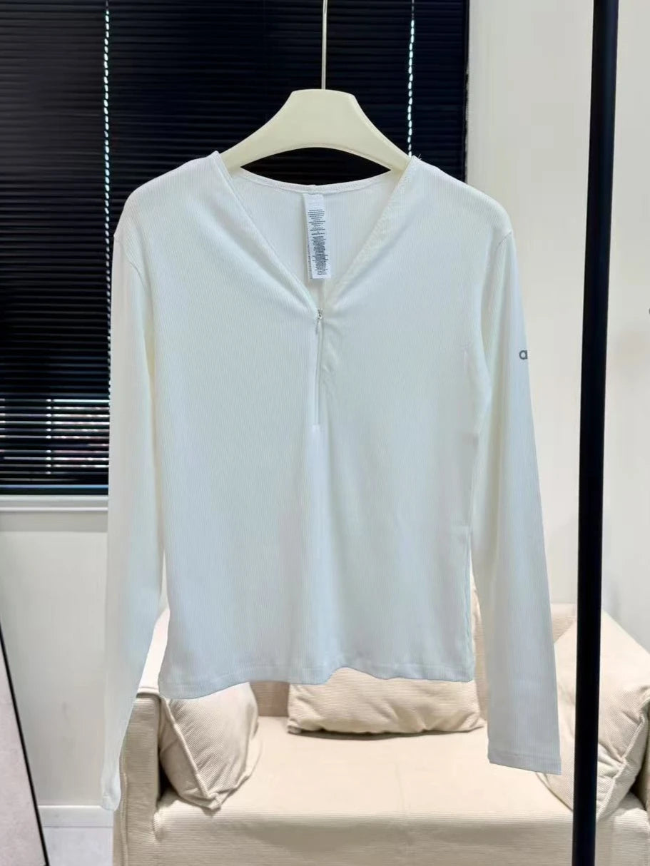 قميص نسائي رياضي خريفي برقبة على شكل حرف V وسحاب مضلع للياقة البدنية غير رسمي متعدد الاستخدامات بأكمام طويلة وقميص يوجا