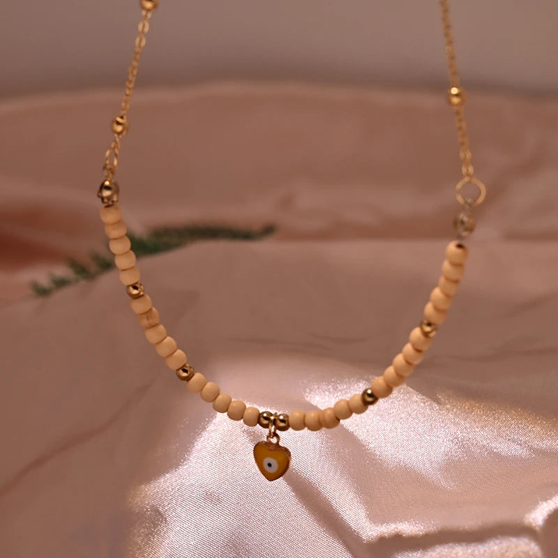 عقد على شكل قلب من خرز Y2K، سلسلة من الفولاذ المقاوم للصدأ باللون الذهبي، مقاوم للتشويه، مناسب للنساء، مجوهرات صيفية