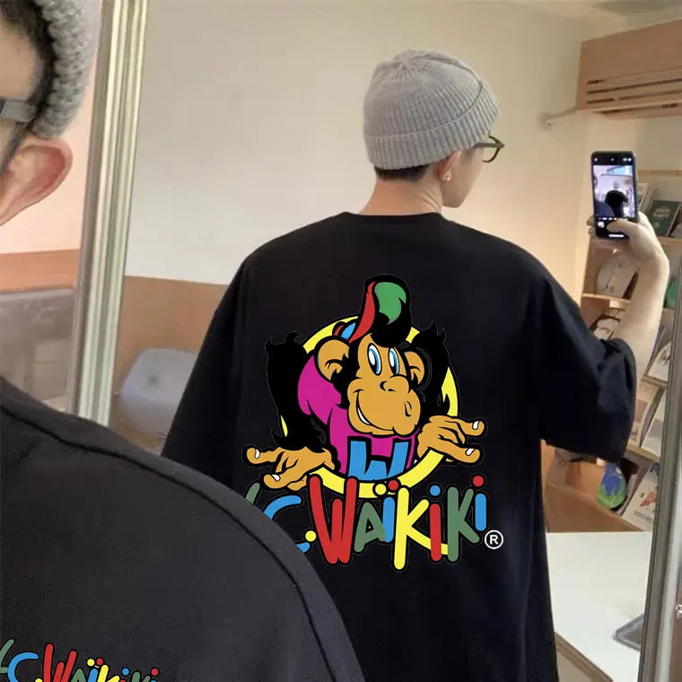 تيشيرت رجالي برسومات قرد، تيشيرتات رجالية، تيشيرتات وايكيكي برسومات قرد على الوجهين، تيشيرتات علوية للرجال والنساء، تيشيرت عصري كاجوال بأكمام قصيرة