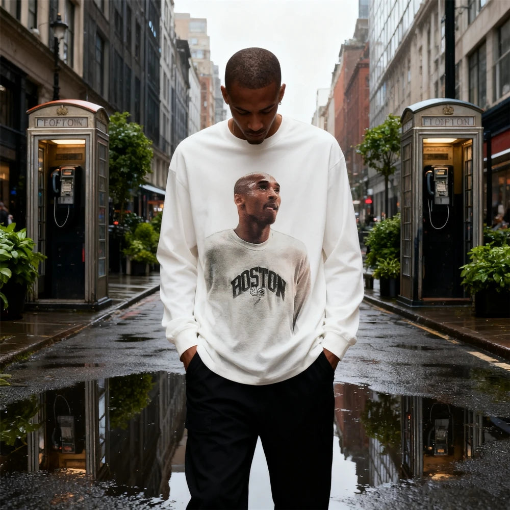 تي شيرت KUCLUT ذو جودة عالية مطبوع عليه رسومات BIG FACE بأكمام طويلة ومقاس كبير، تي شيرت فضفاض للرجال والنساء مصنوع من القطن بنسبة 100%