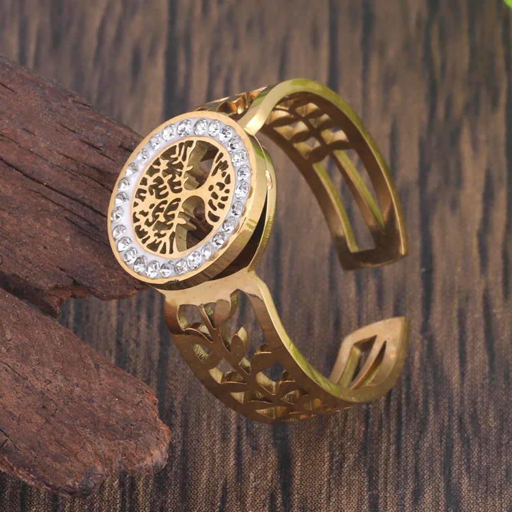 خاتم نسائي من الفولاذ المقاوم للصدأ من كرينج كوكو، قابل للتعديل، بتصميم شجرة الحياة، مرصع بأحجار الراين، خاتم أنيق للمواعدة للنساء