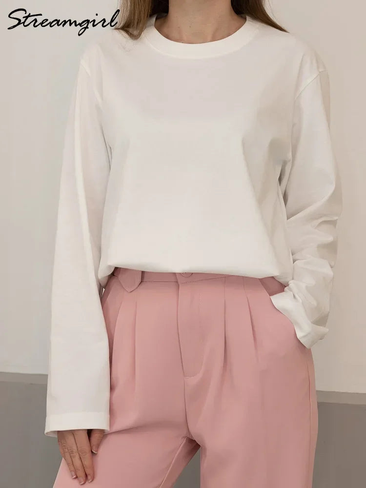 تي شيرت ستريم جيرل بأكمام طويلة للنساء مصنوع من القطن بنسبة 100%، تي شيرتات أساسية سادة برقبة دائرية، تي شيرتات فضفاضة كاجوال، تي شيرتات بيضاء للسيدات 2024