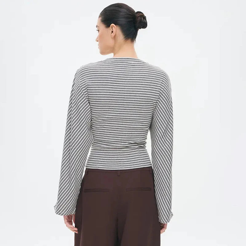 تيشيرت نسائي جديد من CUTENOVA، مخطط، بياقة دائرية، مثير، متعدد الاستخدامات، ضيق، بأكمام طويلة، قطعة علوية أنيقة، ملابس الشارع، تيشيرت كاجوال