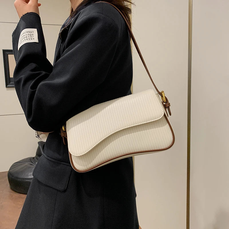 حقيبة كروس بودي نسائية مخططة من الفلانيل بلون سادة، حقيبة فاخرة بتصميم هادئ، حقائب كتف أنيقة من جلد البولي يوريثان للنساء