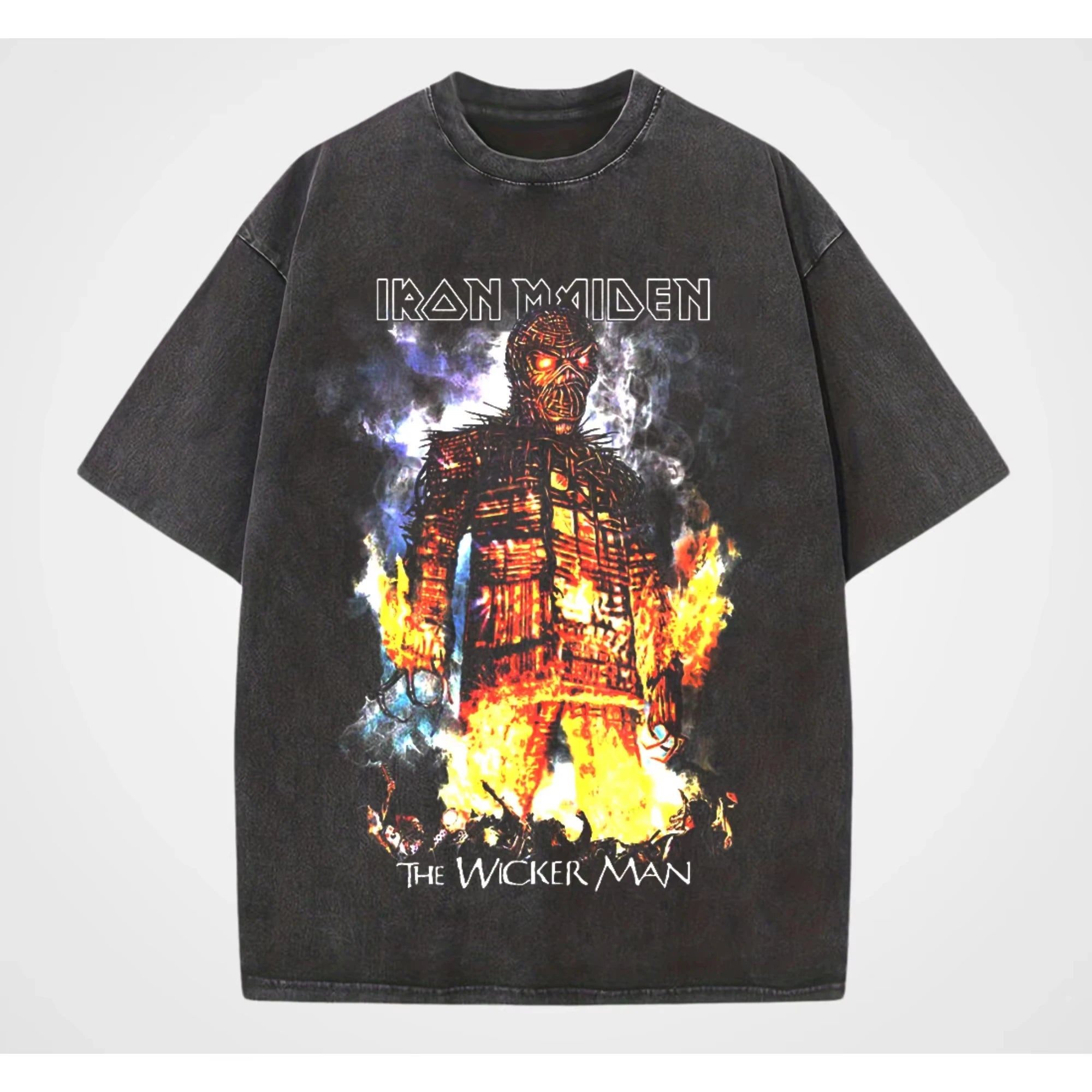 تي شيرت رجالي ونسائي عتيق من LRON Maiden Iron Lady Rock Washed بتصميم هيب هوب أمريكي عتيق بأكمام قصيرة ونصف عصرية