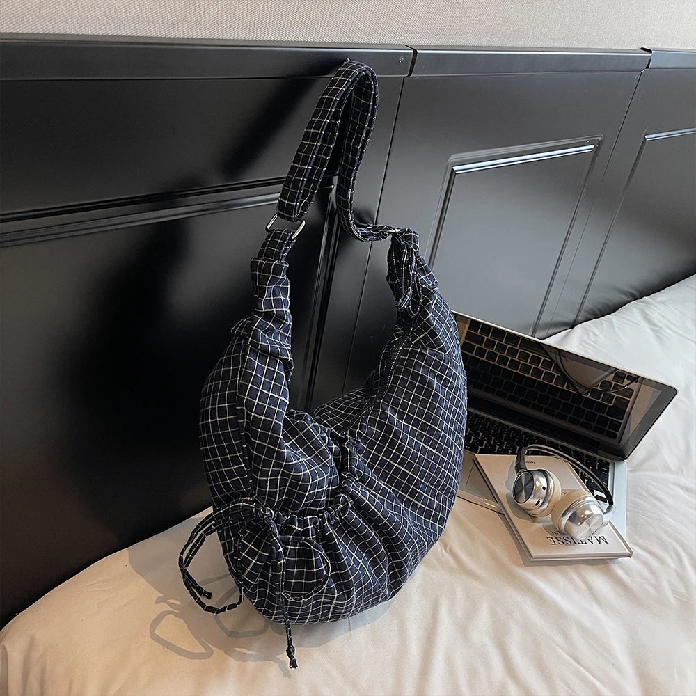 حقيبة كورية من القماش الكتاني بتصميم قرن البقر، حقيبة كبيرة الحجم، حقيبة كتف متقاطعة منقوشة للنساء