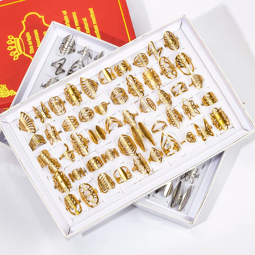 مجموعة من 20 قطعة من خواتم المجوهرات النسائية الأنيقة المصنوعة من الفولاذ المقاوم للصدأ، بأحجام كبيرة وصغيرة، بتصميمات مجوفة على شكل قلب وزهرة الحب، مثالية كهدية للحفلات.