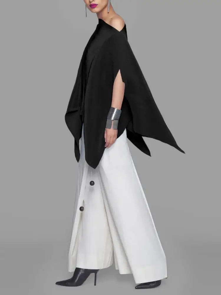 تي شيرت نسائي فضفاض بأكمام خفاش وياقة مائلة وقصة غير منتظمة باللون الأسود، موديل ربيع وصيف 2024، قمصان نسائية أنيقة