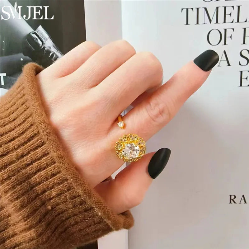 خاتم فاخر مضاد للقلق والاسترخاء للنساء، مرصع بالكريستال على شكل زهرة ونجمة وقمر، مصنوع من المعدن والنحاس، مع حلقة دوارة لتخفيف التوتر، هدية مجوهرات