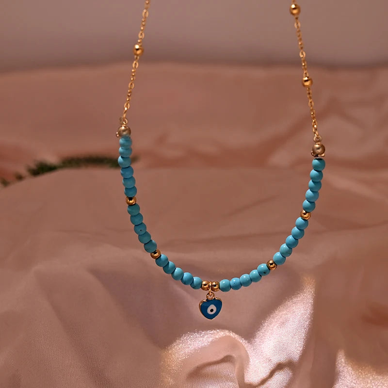عقد على شكل قلب من خرز Y2K، سلسلة من الفولاذ المقاوم للصدأ باللون الذهبي، مقاوم للتشويه، مناسب للنساء، مجوهرات صيفية