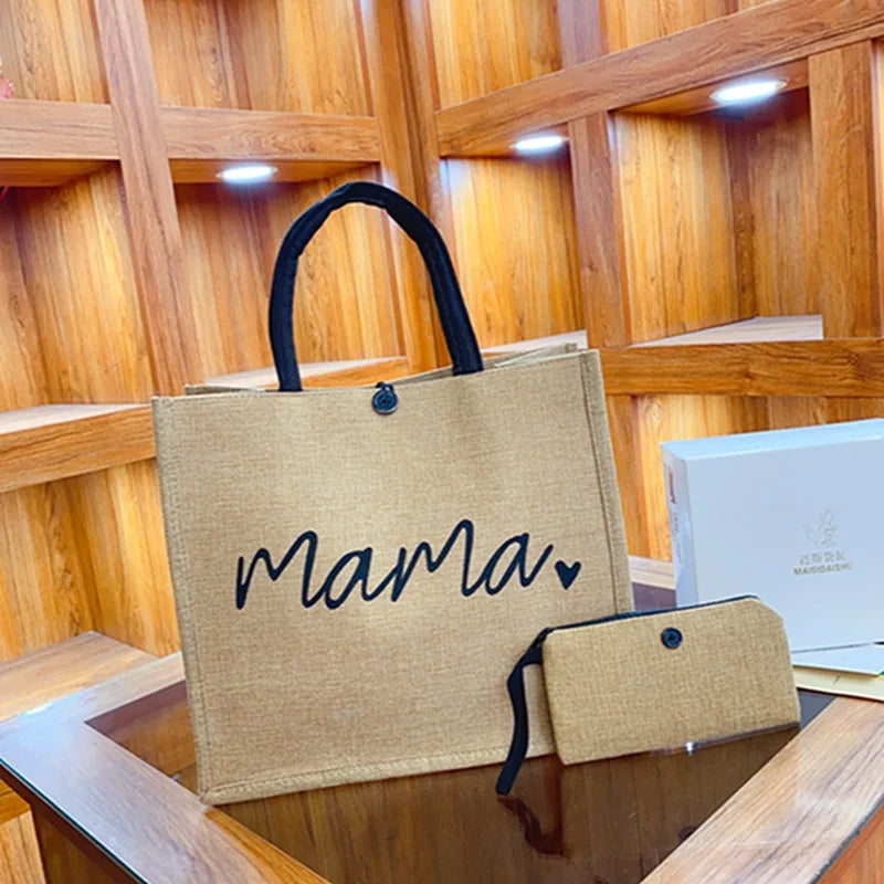 حقيبتان كبيرتان من الكتان، حقيبة يد قماشية واسعة، حقائب تسوق، حقيبة مكياج، محفظة نقود، هدية مثالية لحفلات الزفاف وأعياد الميلاد وعطلات الشاطئ