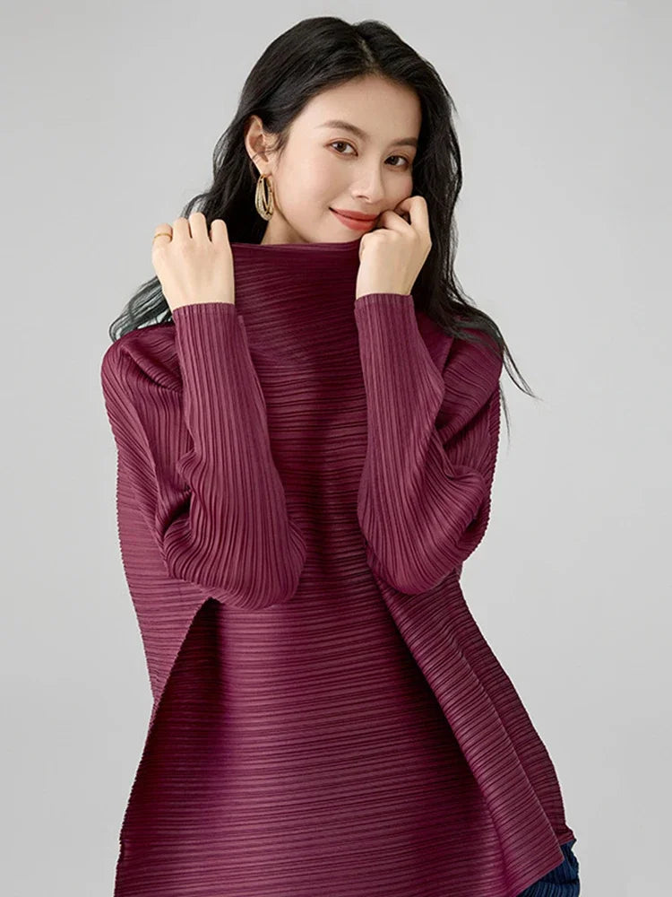 تيشيرت نسائي كاجوال بأكمام طويلة وقصة واسعة من الأسفل مع ياقة وشاح، بلوزة فضفاضة أنيقة من مياكي، صيف 2025، لون عنابي مطوي