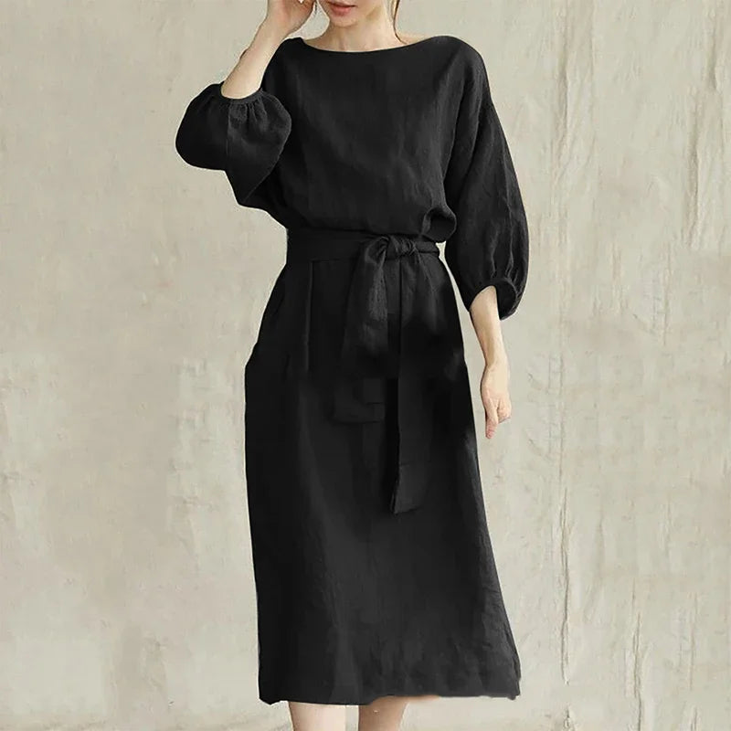 Women'S Vintage Long Sleeve High Waisted Tied Solid Color Round Neck Dress Elegant Long Sleeve Midi Dresses for Women with Belt