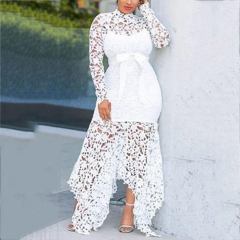 Ladies Elegant Lace Maxi Dress Women Wedding Evening Party Bodycon Long Sleeve Dresses Plus Size Fashion