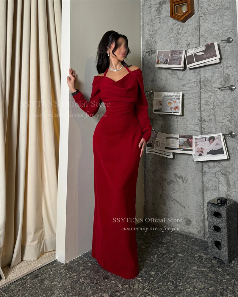 SSYTENS Elegant Red Long Sleeves Evening Dresses Off Shoulder Halter Neck Party Dress for Women Saudi Formal Gowns Customized