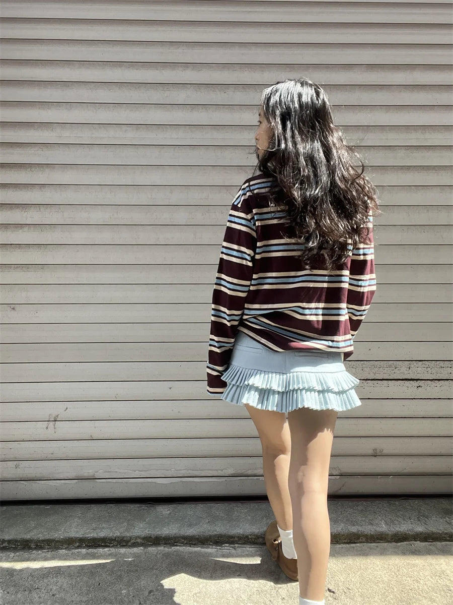 قمصان بولو صيفية للنساء بأكمام طويلة وقميص قصير بخطوط خضراء متعددة الألوان، قمصان بولو نسائية كاجوال مخططة باللون البني للخريف