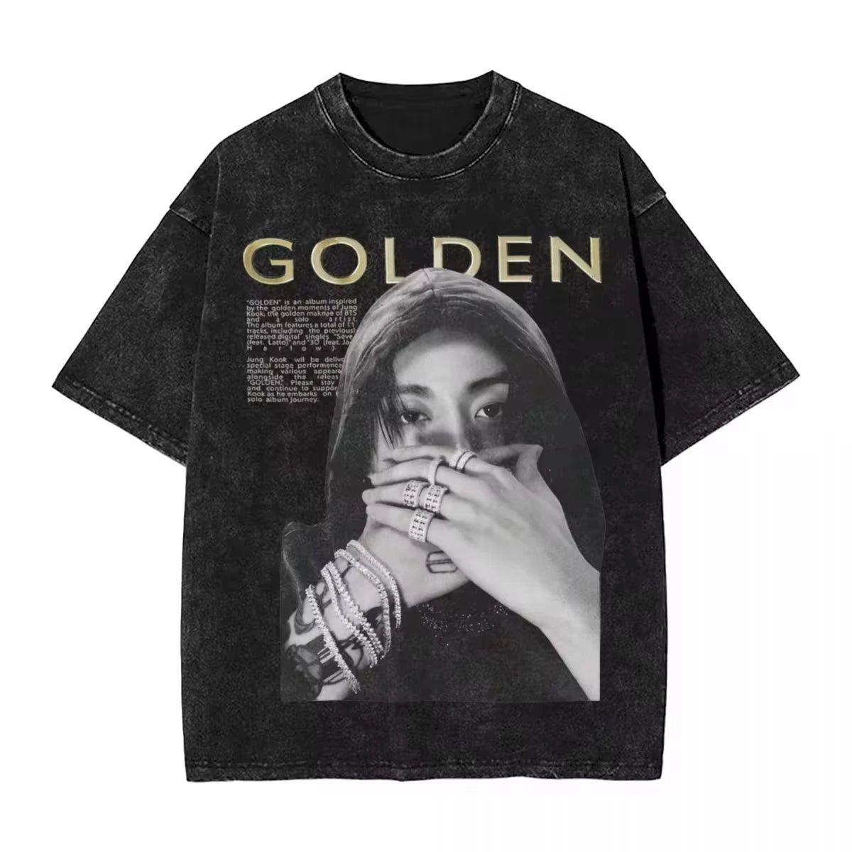 تي شيرت رجالي ونسائي بأكمام قصيرة بتصميم قوطي من Streetwear Golden Moments Jungkooks Hip Hop Washed Vintage T-Shirt مقاس كبير بأكمام قصيرة من القطن للجنسين