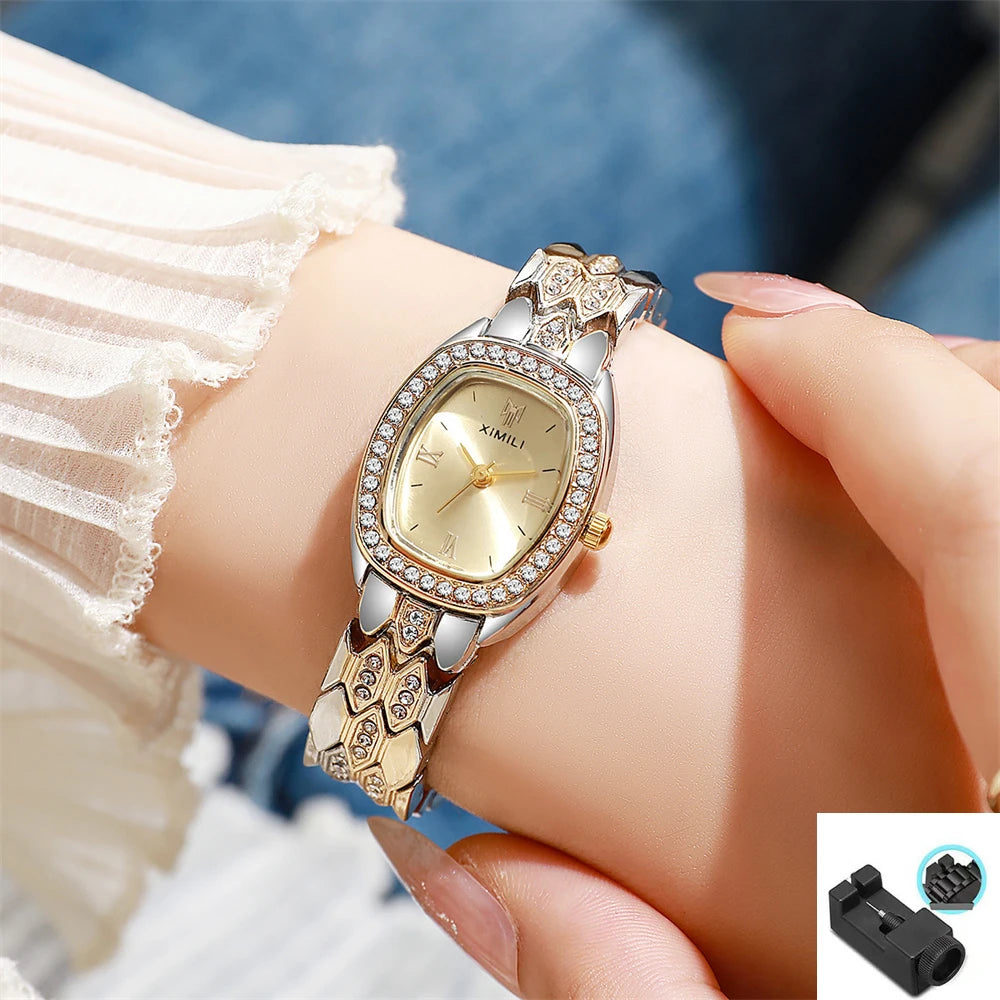 ساعة يد نسائية فاخرة مطلية بالذهب، تعمل بالكوارتز، بتصميم روماني بسيط، مصنوعة من الفولاذ المقاوم للصدأ، على شكل برميل، مناسبة للعمل، مزودة بحزام بإبزيم عالي الجودة.