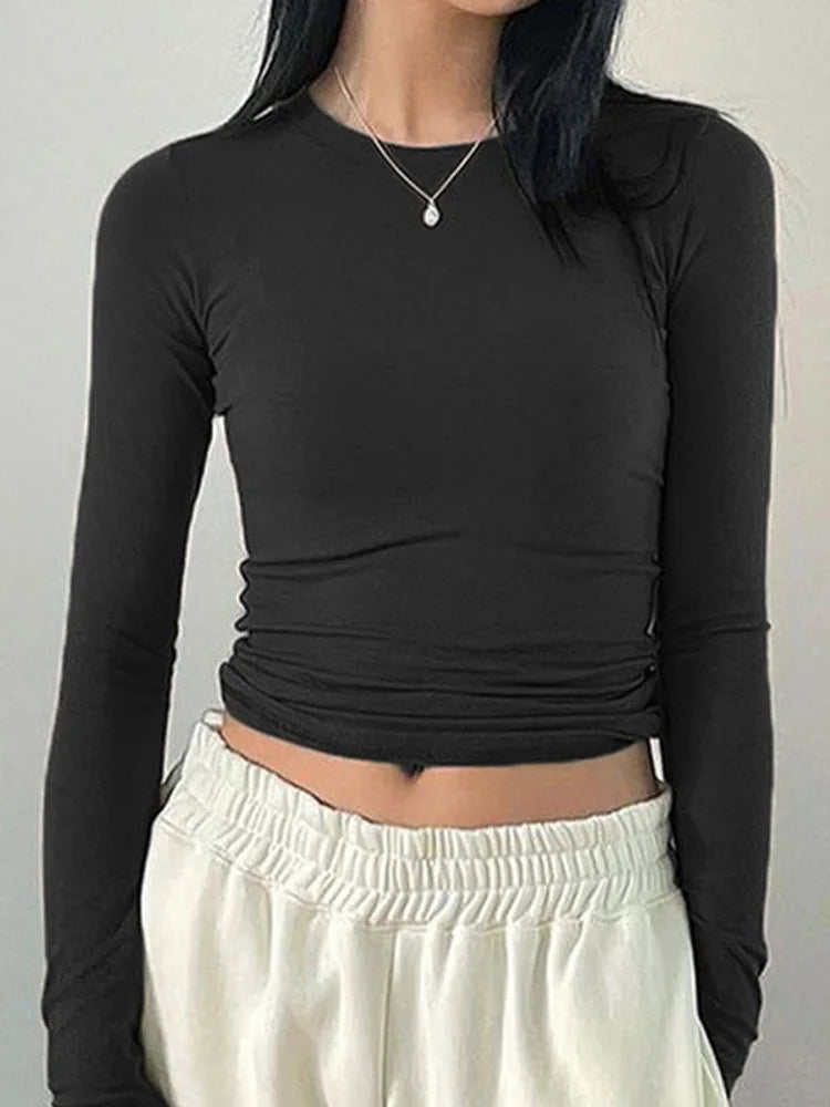 تيشيرتات نسائية كاجوال ضيقة بأكمام طويلة وياقة دائرية، مناسبة لفصلي الربيع والخريف، بألوان سادة مع فتحات للإبهام، ملابس عصرية