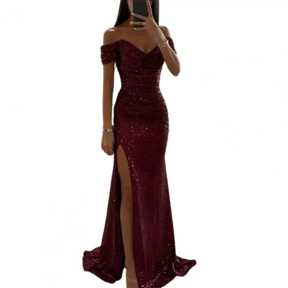 Elegant Gown Dress V-Neck Off Shoulder Maxi Dress Sequin Pleated Waist Tight Evening Party Dress Sexy Split Long Dreses