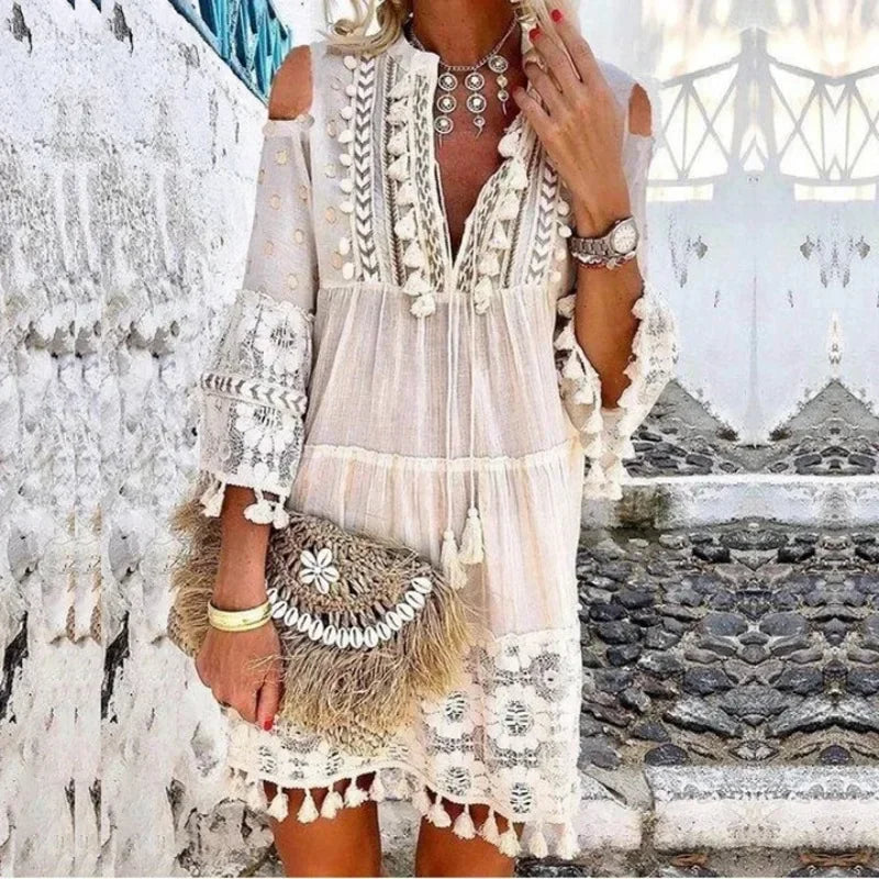 Spring Large Size Women Dress Lace White V-neck Lace Tassel Casual Dresses Female New Casual Elegant Fashion Ladies Clothes
