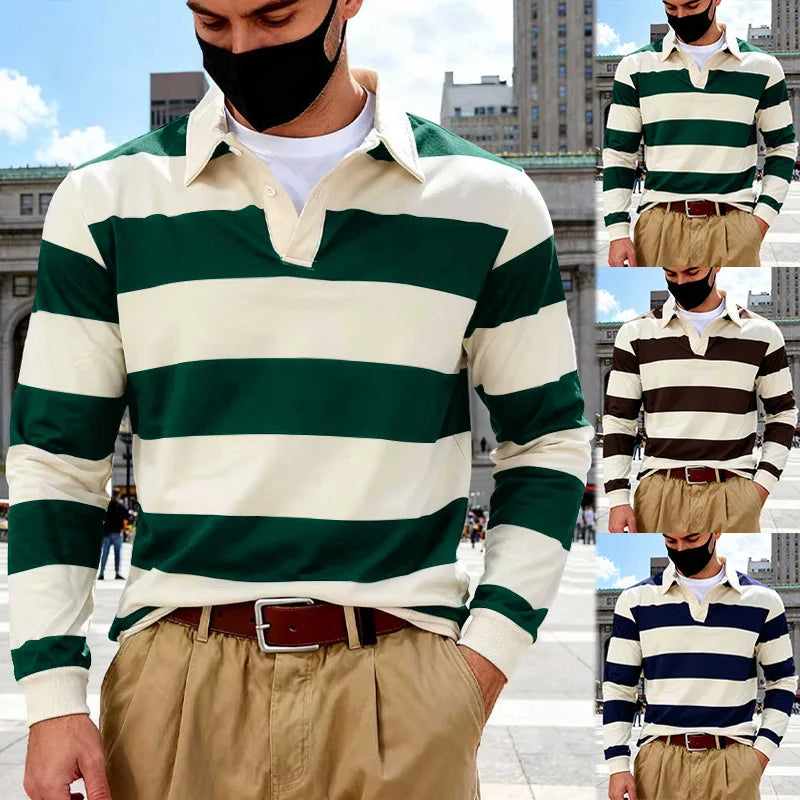 قميص بولو رجالي مخطط بتصميم هونغ كونغ، ربيع وخريف 2025، فضفاض وعصري، مناسب للرجال والنساء
