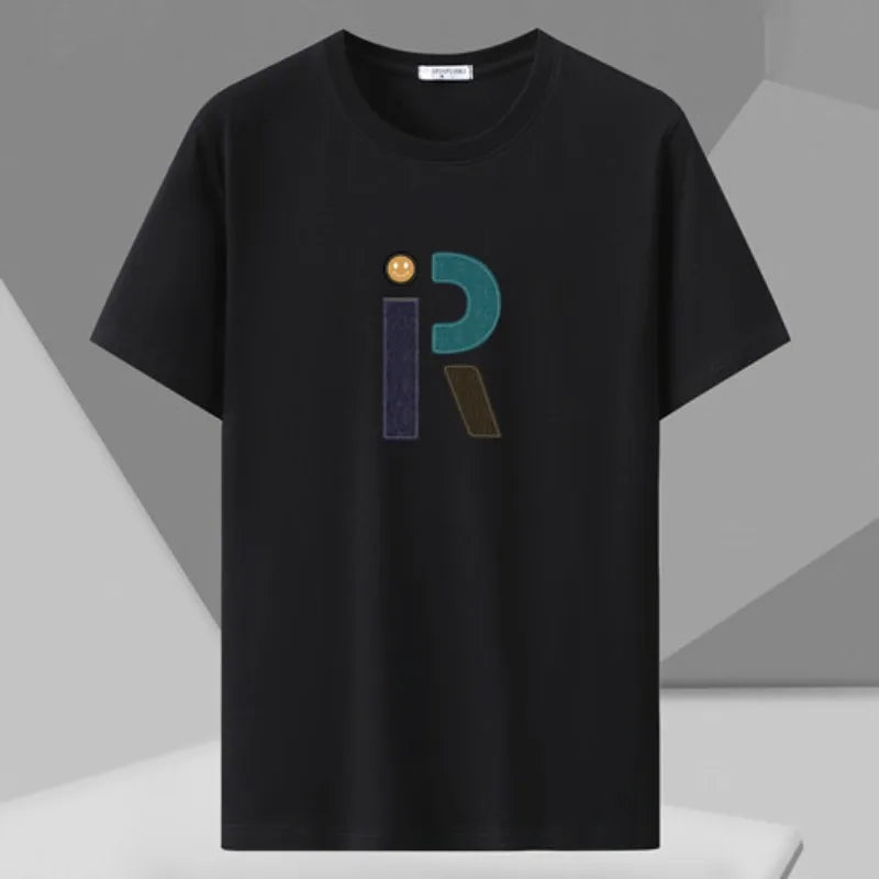 تي شيرت أسود للرجال مطبوع مقاس كبير 110-175 كجم 6XL/7XL تي شيرت صيفي قطني برقبة دائرية وأكمام قصيرة وقمصان كبيرة الحجم