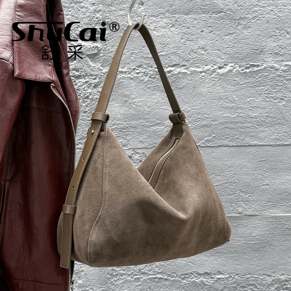 Genuine Grade Suede Leather Luxury Designer Large Capacity Women's Tote Bag Vintage Shoulder Crossbody Underarm Bags Trendy New