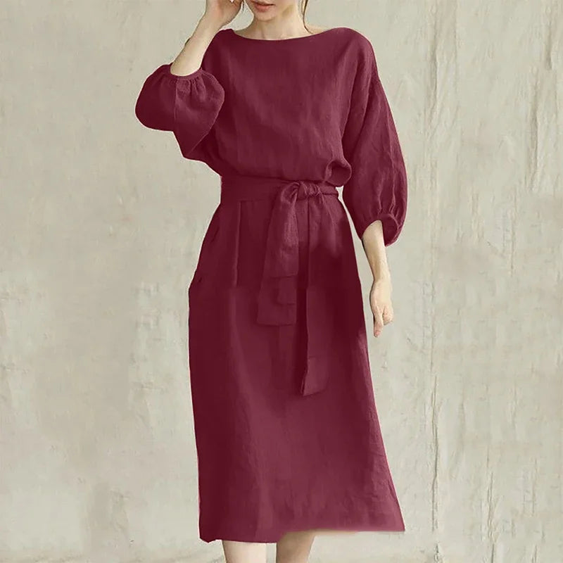 Women'S Vintage Long Sleeve High Waisted Tied Solid Color Round Neck Dress Elegant Long Sleeve Midi Dresses for Women with Belt