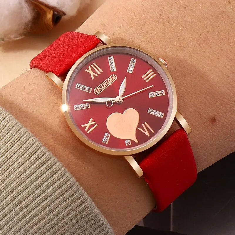 طقم 6 قطع من ساعات كوارتز نسائية أنيقة، مينا على شكل قلب، ساعات كلاسيكية بسيطة للنساء، هدية مثالية.
