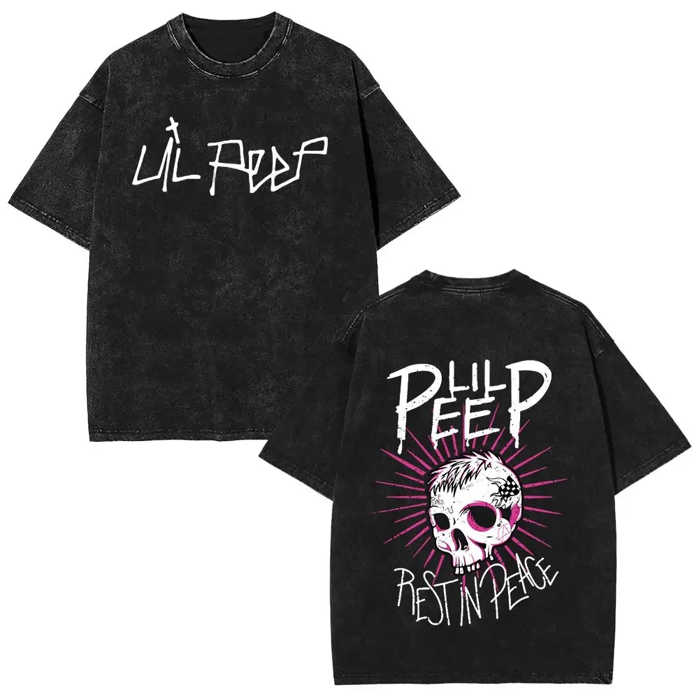 2025 مغني الراب ليل بيب ألبوم موسيقى Bear Crybaby Vintage Washed T Shirts للرجال والنساء هيب هوب فضفاضة بأكمام قصيرة تي شيرتات الشارع